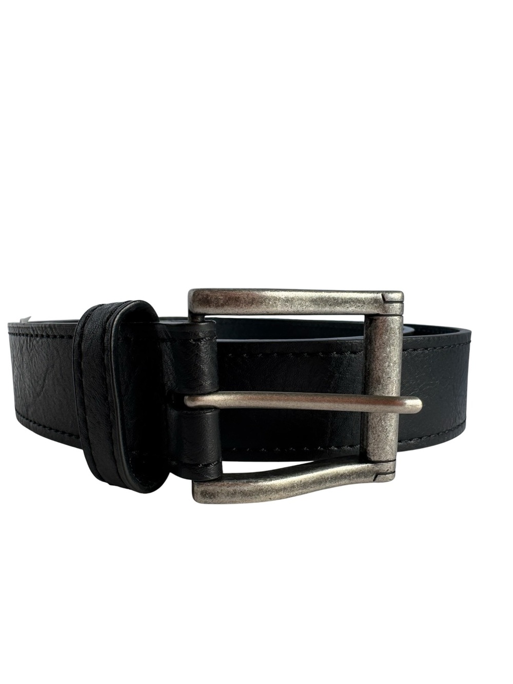 Rugged Genuine Leather Belt Mens 44 Black Wide Silver Buckle Minimalist Everyday